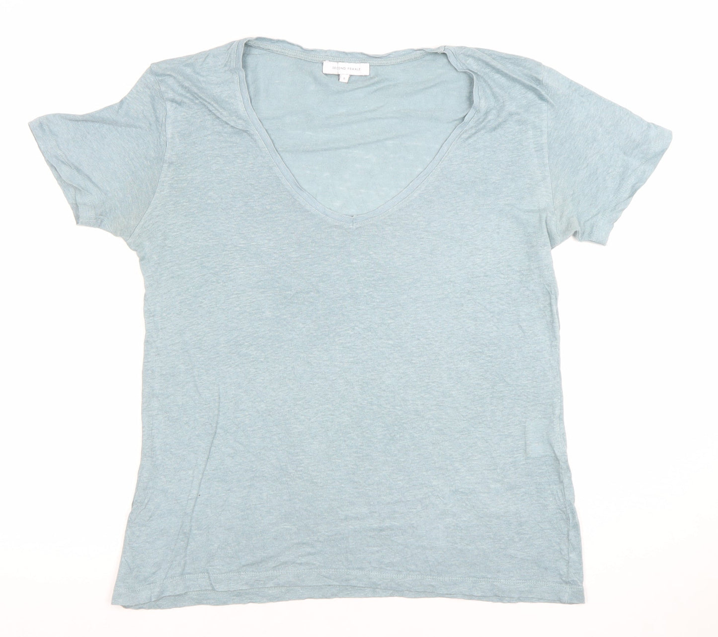 Second Female Women’s Blue Linen V-Neck Short Sleeve T-Shirt Size S