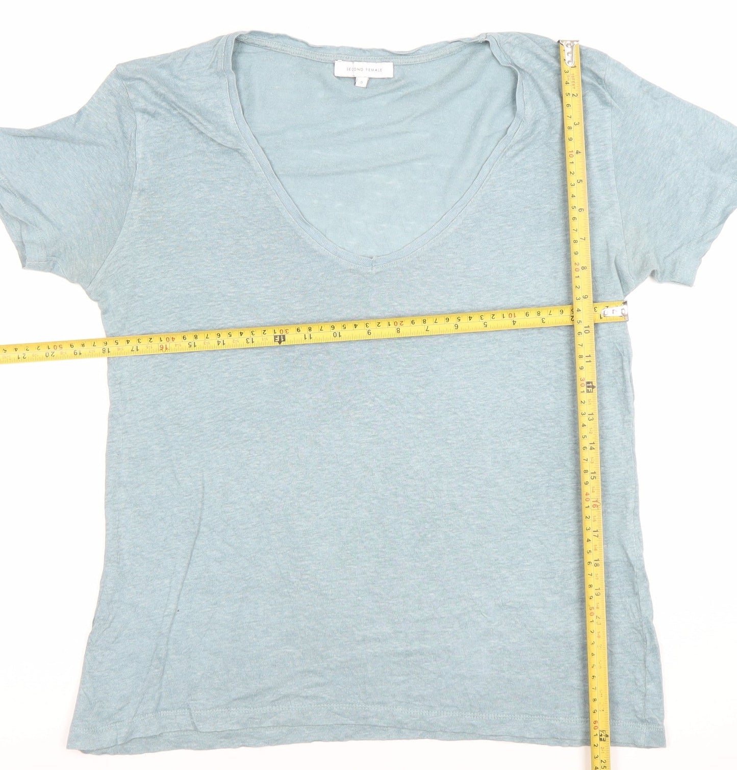 Second Female Women’s Blue Linen V-Neck Short Sleeve T-Shirt Size S