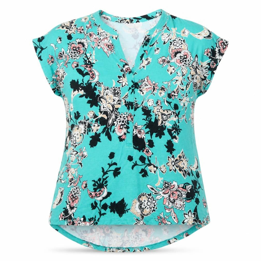 Dana Buchman Women's Blue Floral V-Neck Short Sleeve Tunic Blouse Size S