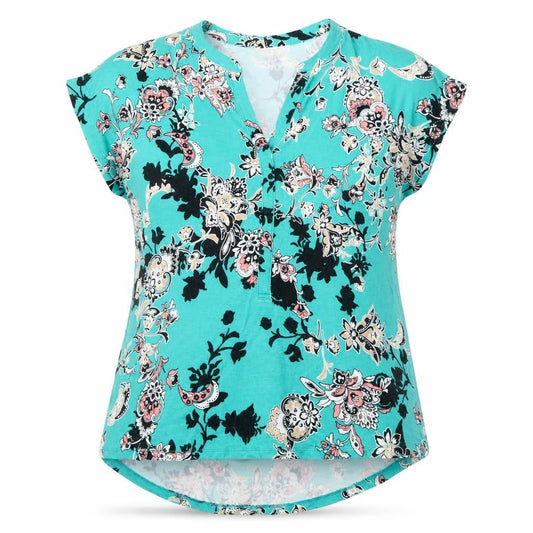 Dana Buchman Women's Blue Floral V-Neck Short Sleeve Tunic Blouse Size S