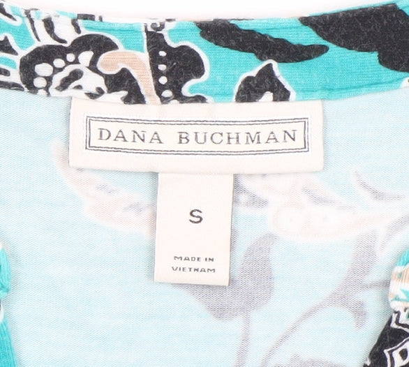 Dana Buchman Women's Blue Floral V-Neck Short Sleeve Tunic Blouse Size S