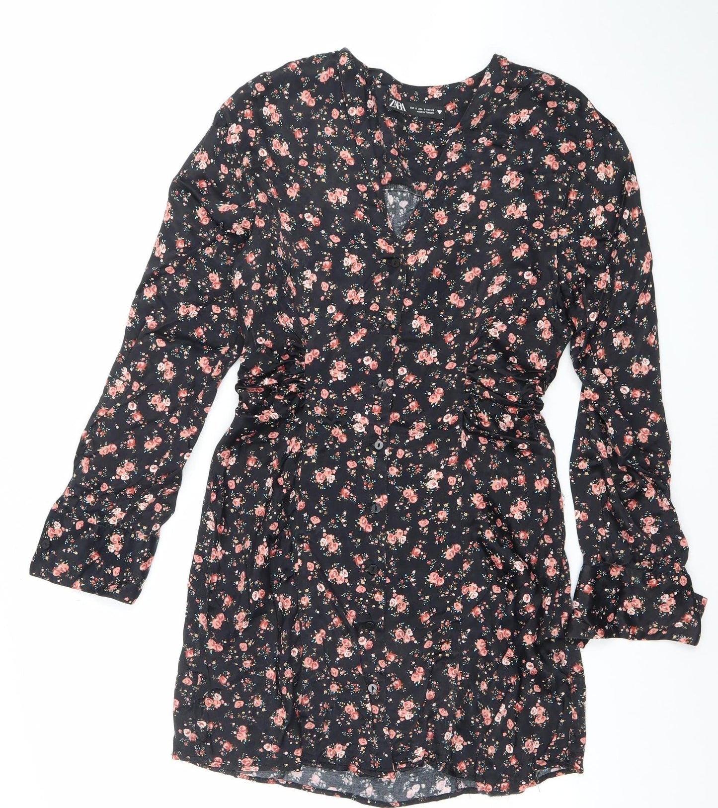 Zara Women Black Floral A-Line Short Dress Size S Long Sleeve V-Neck