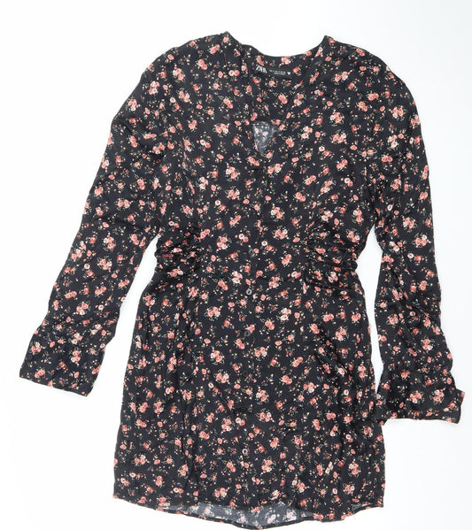 Zara Women Black Floral A-Line Short Dress Size S Long Sleeve V-Neck