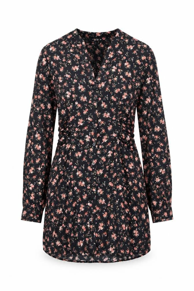 Zara Women Black Floral A-Line Short Dress Size S Long Sleeve V-Neck