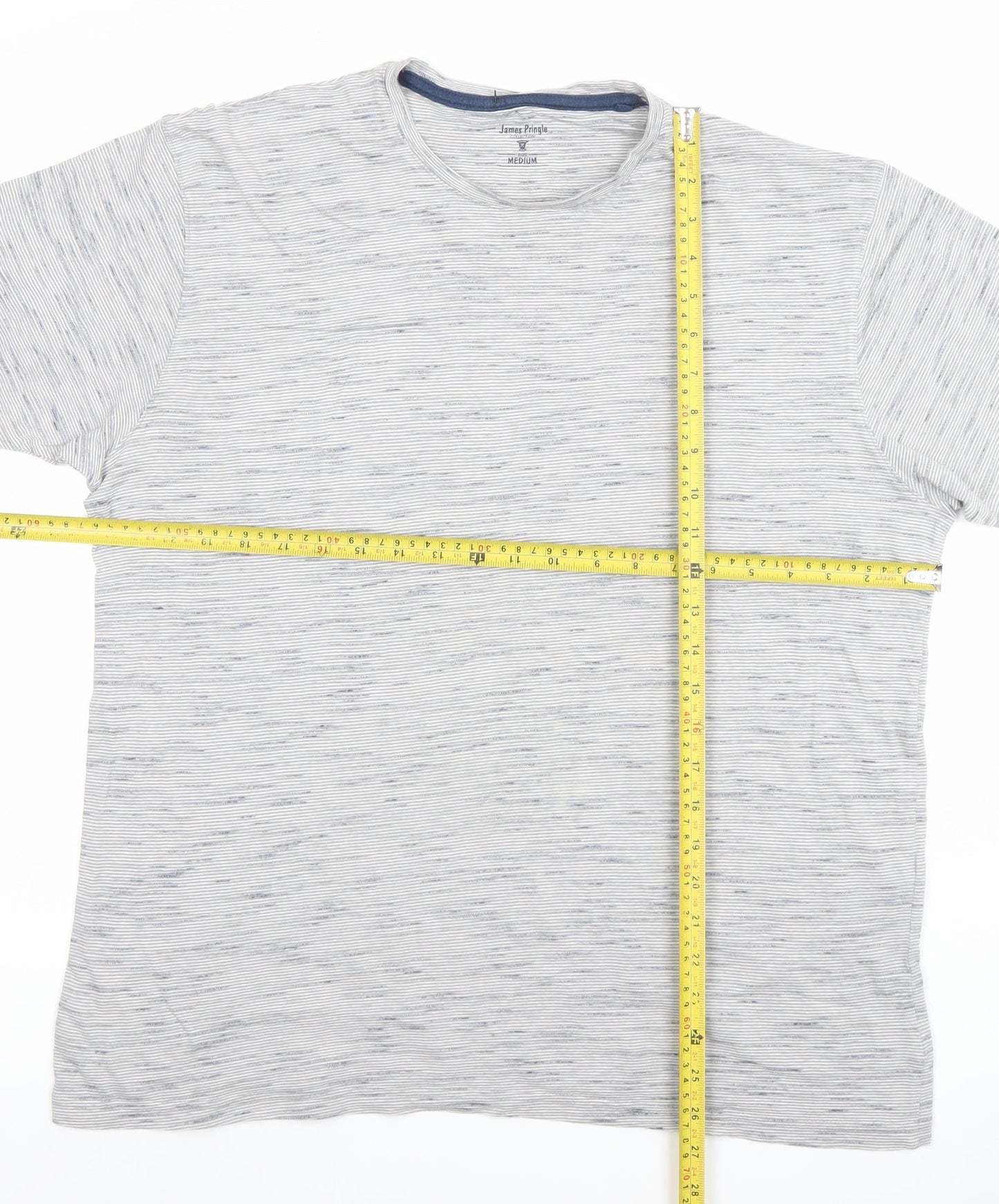 James Pringle Men’s Grey Striped Crew Neck Cotton Blend T-Shirt Size M