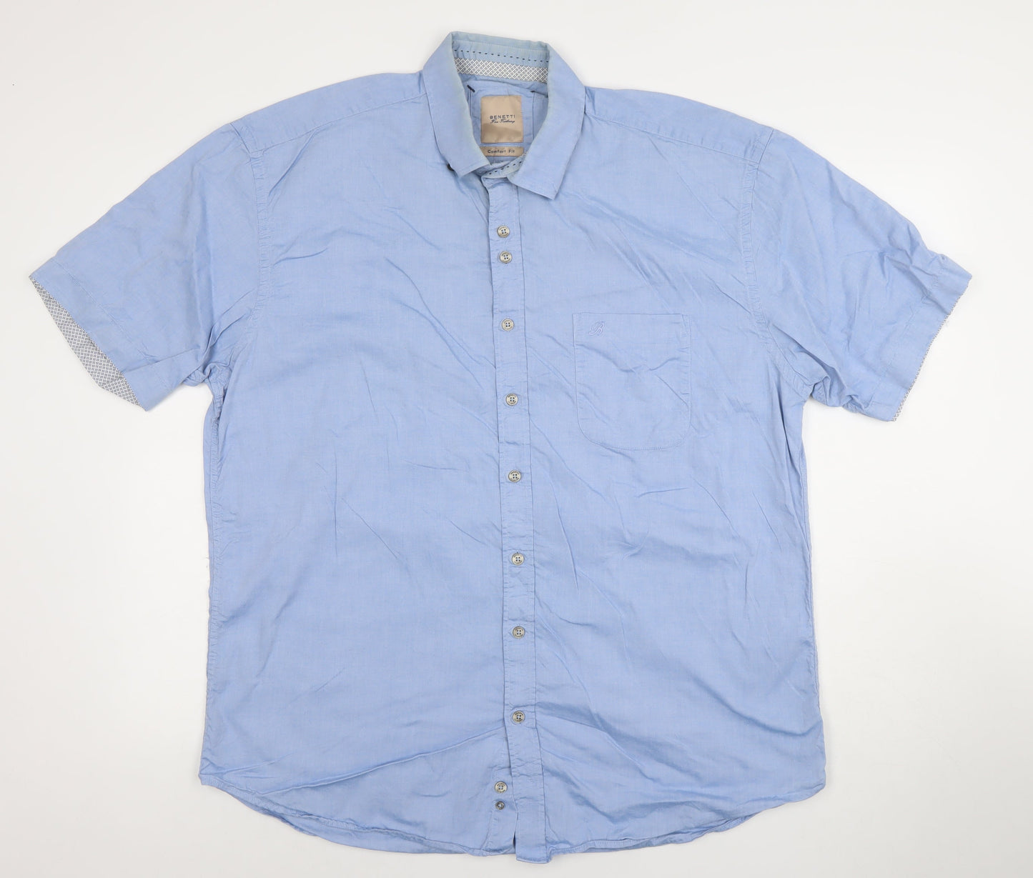 Benetti Men's Blue Cotton Short Sleeve Button-Up Shirt XL Comfort Fit