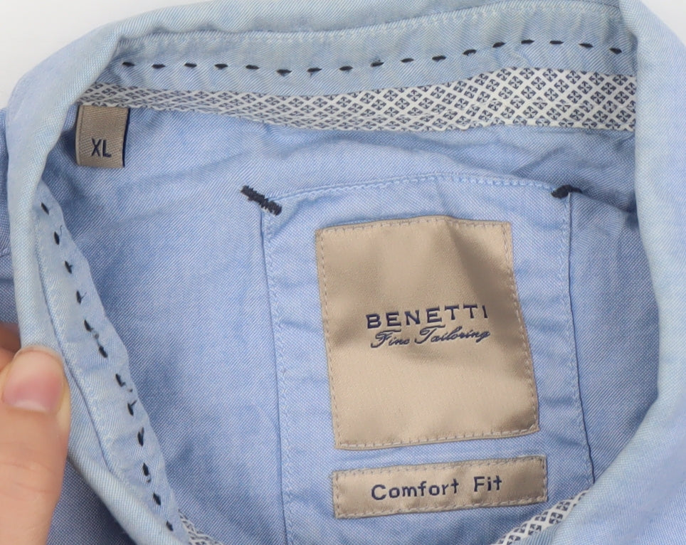 Benetti Men's Blue Cotton Short Sleeve Button-Up Shirt XL Comfort Fit