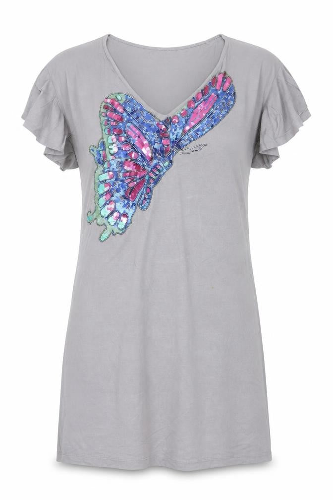 Oasis Women Grey Sequin Butterfly T-Shirt Dress Size S