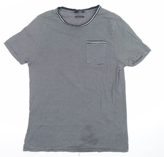 Marks and Spencer Men's Blue Striped Cotton T-Shirt XL Regular Fit