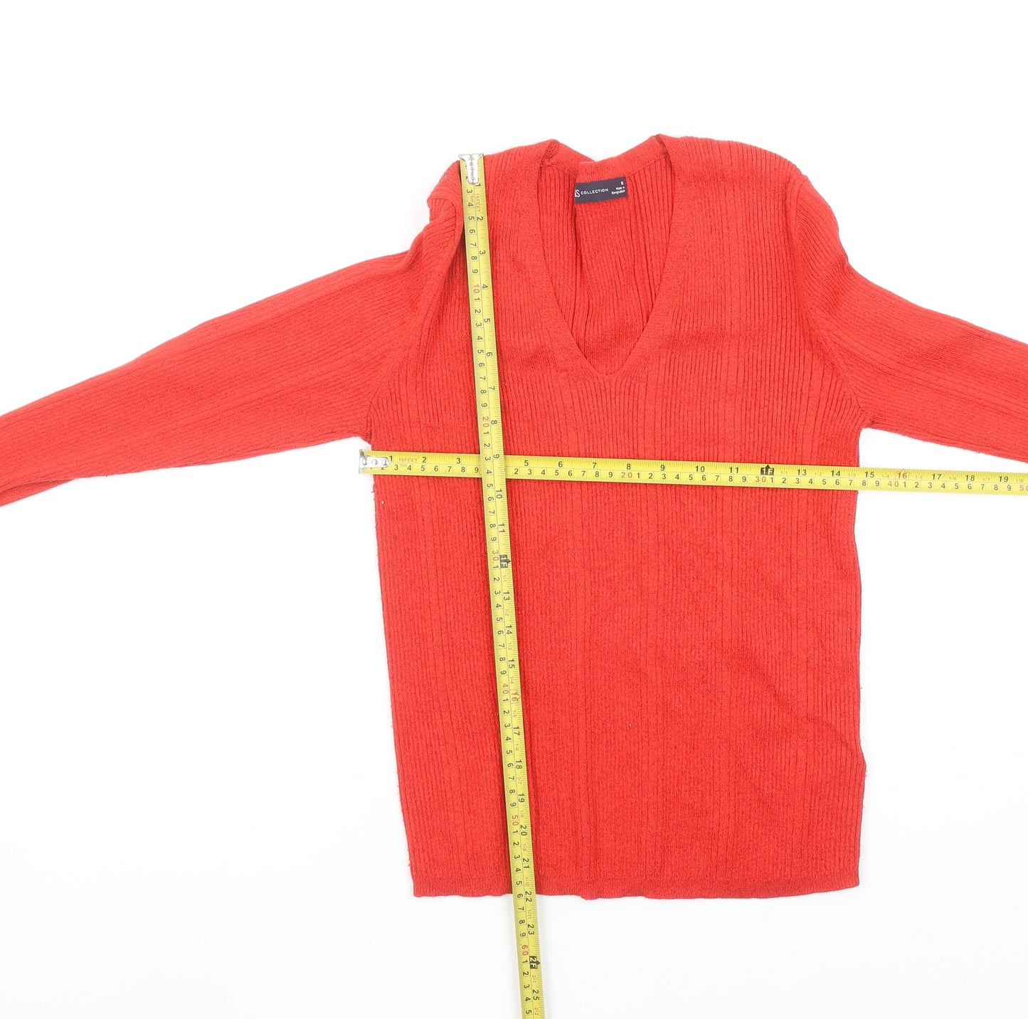 Marks and Spencer Women’s Red V-Neck Ribbed Long Sleeve Jumper Size 12
