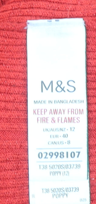 Marks and Spencer Women’s Red V-Neck Ribbed Long Sleeve Jumper Size 12