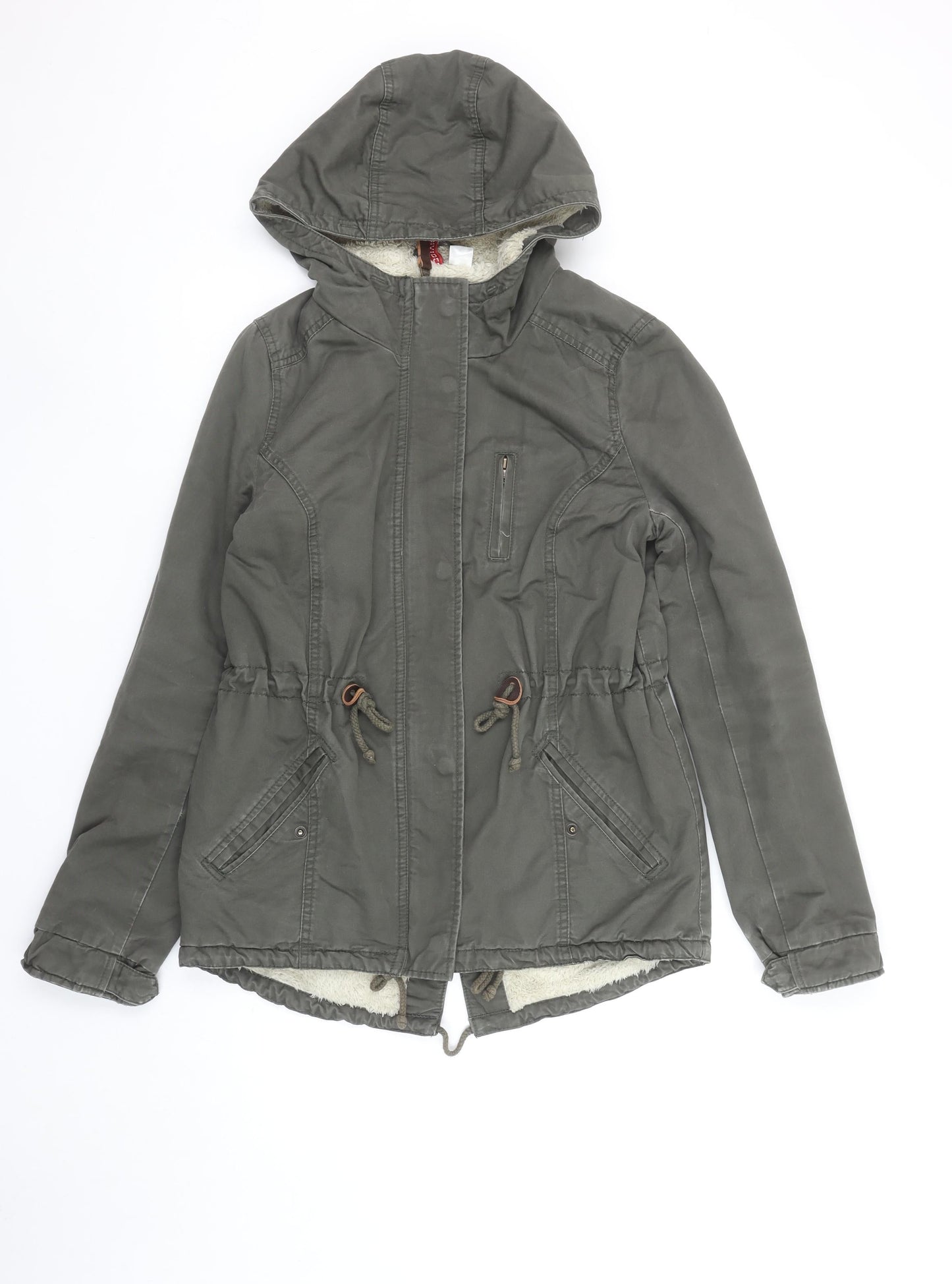 H&M Women’s Green Parka Jacket Size 8 Hooded Lined Mid-Length