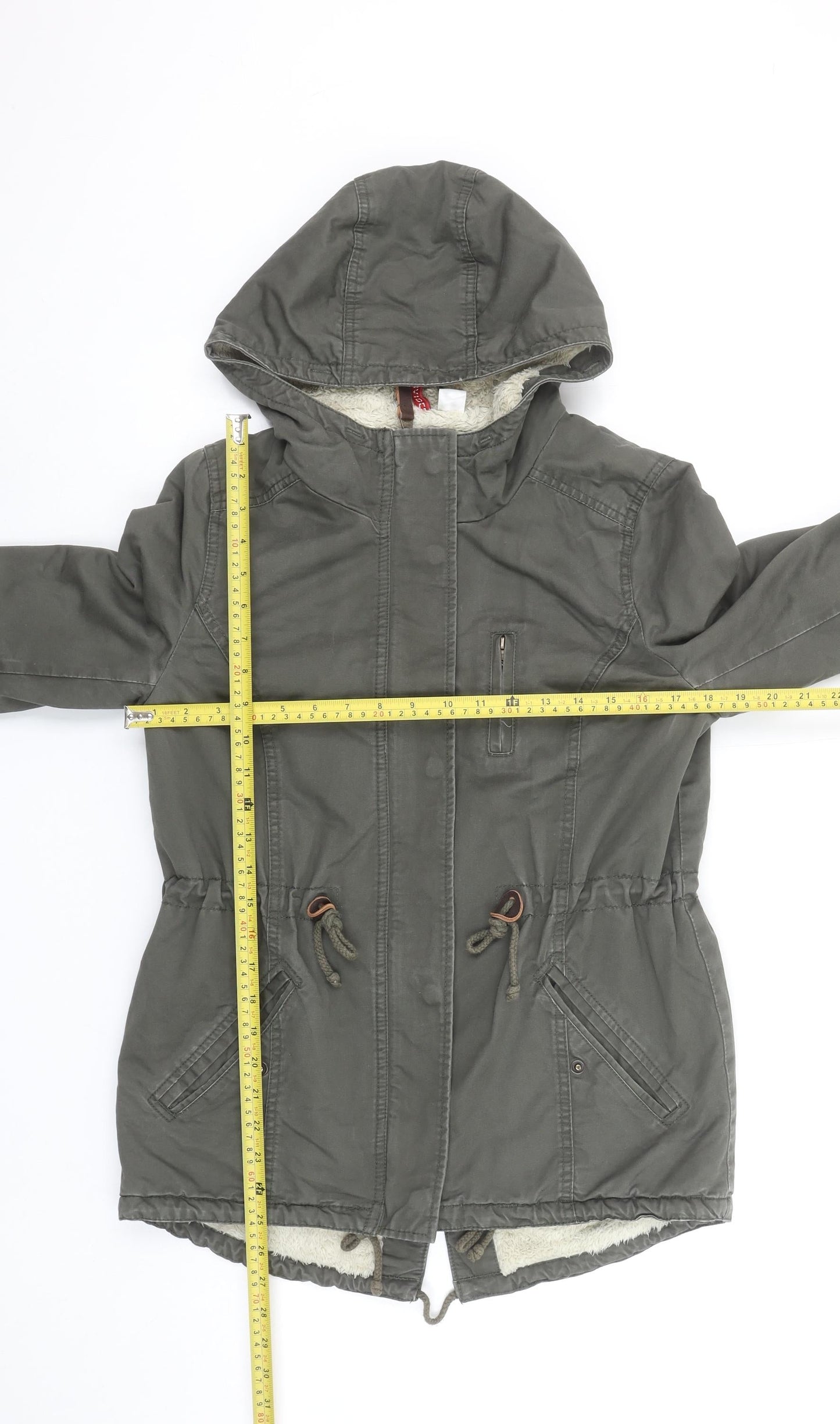 H&M Women’s Green Parka Jacket Size 8 Hooded Lined Mid-Length
