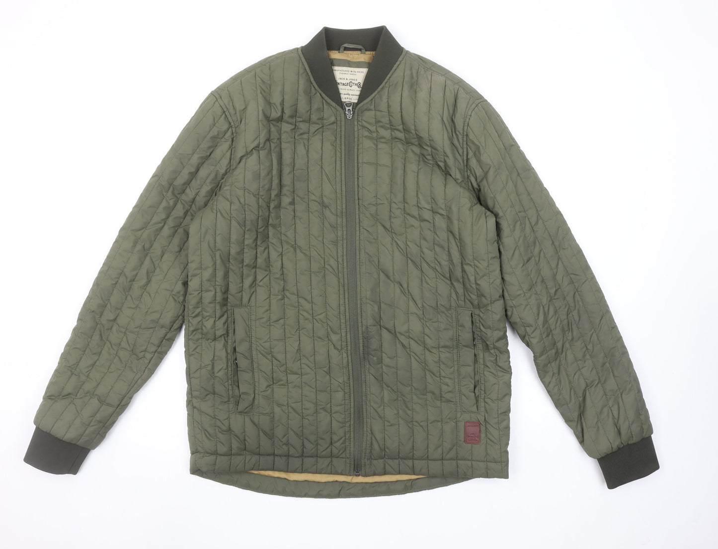 Jack & Jones Men's Green Quilted Bomber Jacket Size L