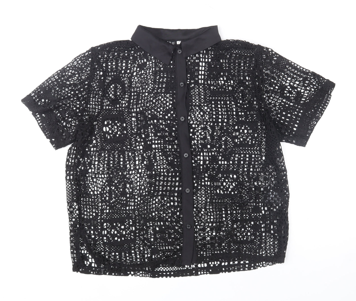 H&M Divided Women's Black Crochet Collared Button-Up Shirt Size 12