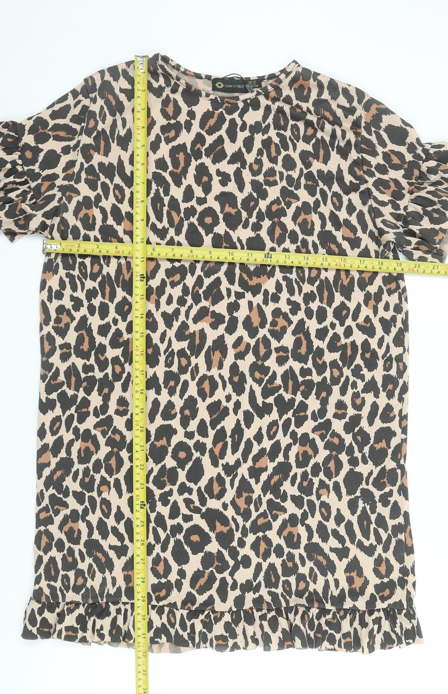 I Saw It First Women Beige Leopard Print Short Sleeve Shift Dress Size 12