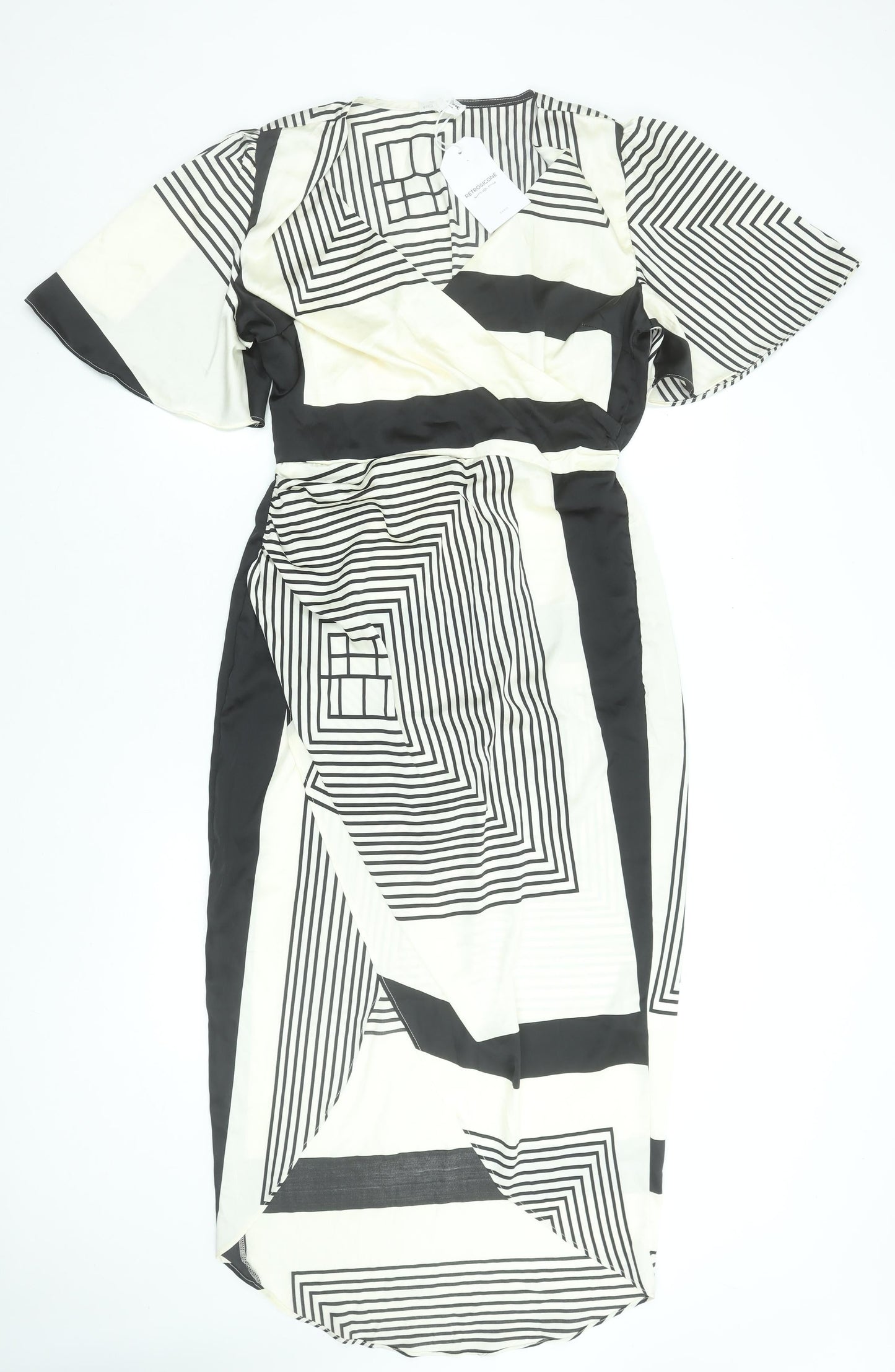 Retro&Icone Women’s Black Geometric Wrap Midi Dress Size L