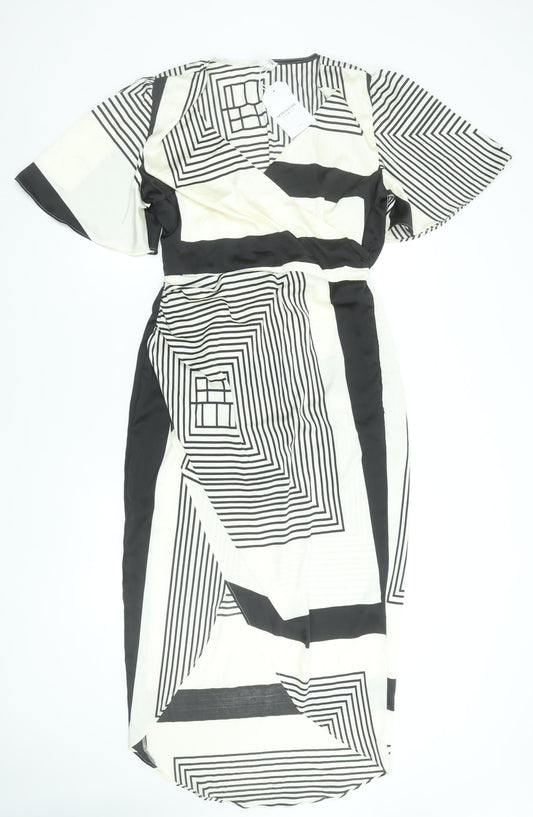 Retro&Icone Women’s Black Geometric Wrap Midi Dress Size L