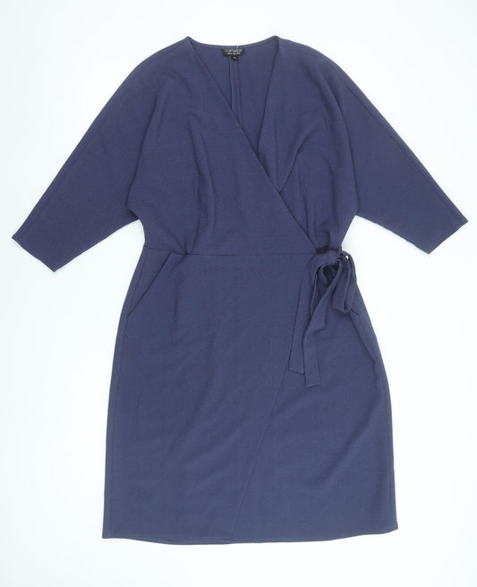 Topshop Women’s Blue Wrap Dress UK 16 Knee Length 3/4 Sleeve