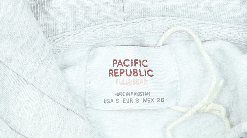 Pull & Bear Women Grey Hoodie Small Cotton Blend Logo Pullover