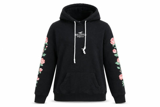 Hollister Women Black Floral Pullover Hoodie Small Cotton Blend