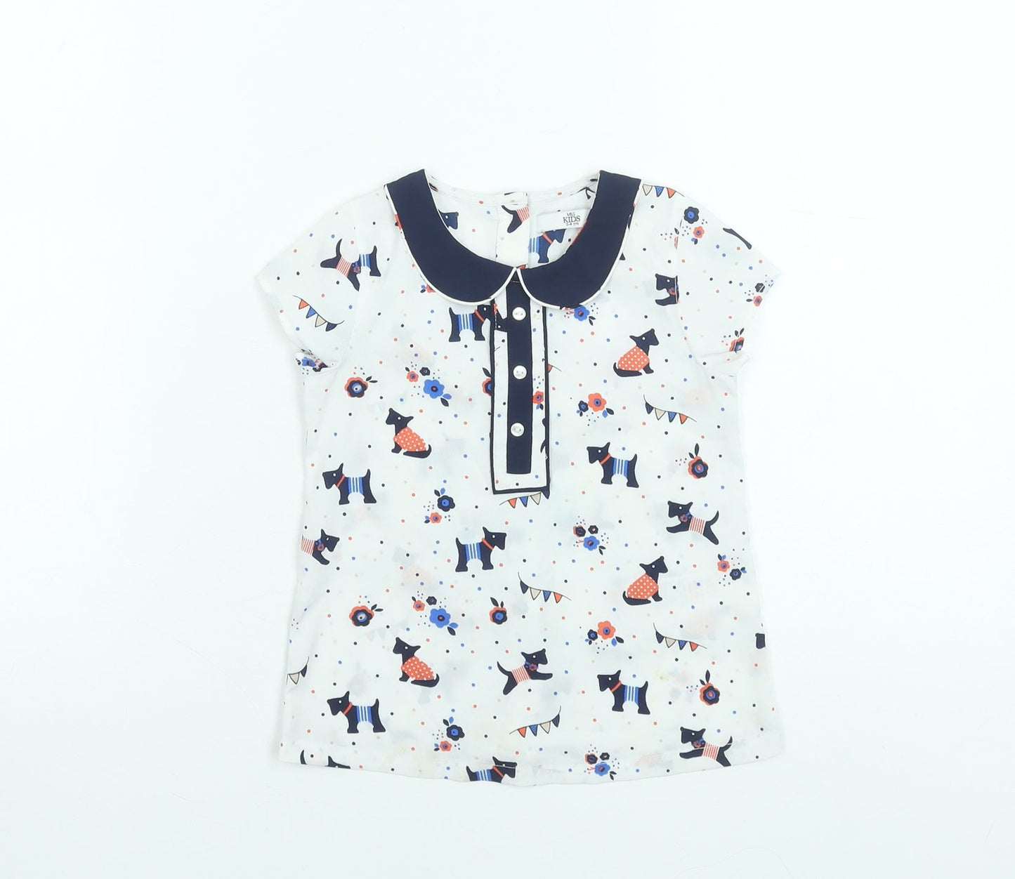Marks and Spencer Girls White Dog Print Short Sleeve Blouse 3-4 Years