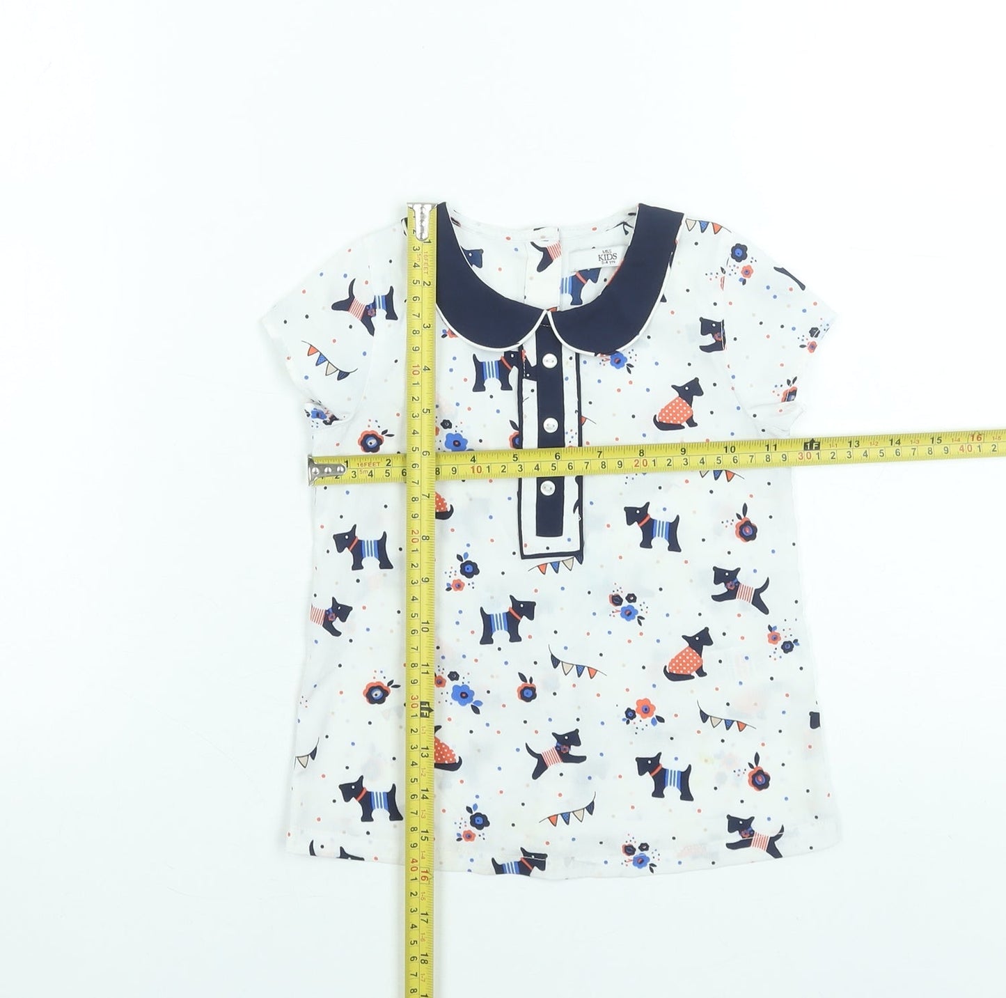Marks and Spencer Girls White Dog Print Short Sleeve Blouse 3-4 Years