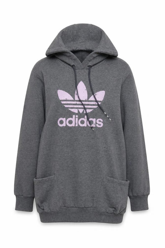 Adidas Women Grey Pullover Hoodie Size 10 Cotton Blend Logo Print