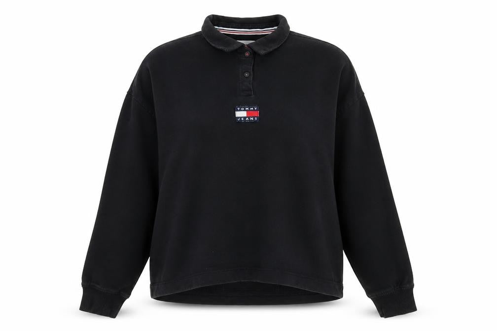 Tommy Jeans Women Black Cotton Henley Sweatshirt L Logo Pullover