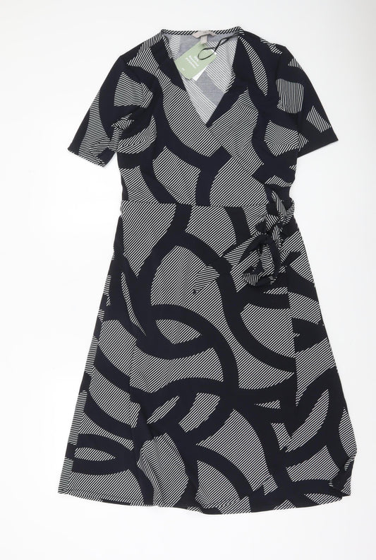 H&M Women’s Black Geometric Wrap Dress Size 12 Short Sleeve V-Neck
