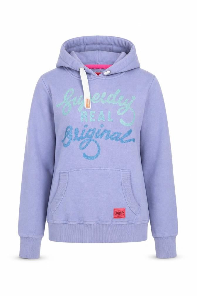 Superdry Women Purple Pullover Hoodie M Vintage Glitter Logo Cotton Blend