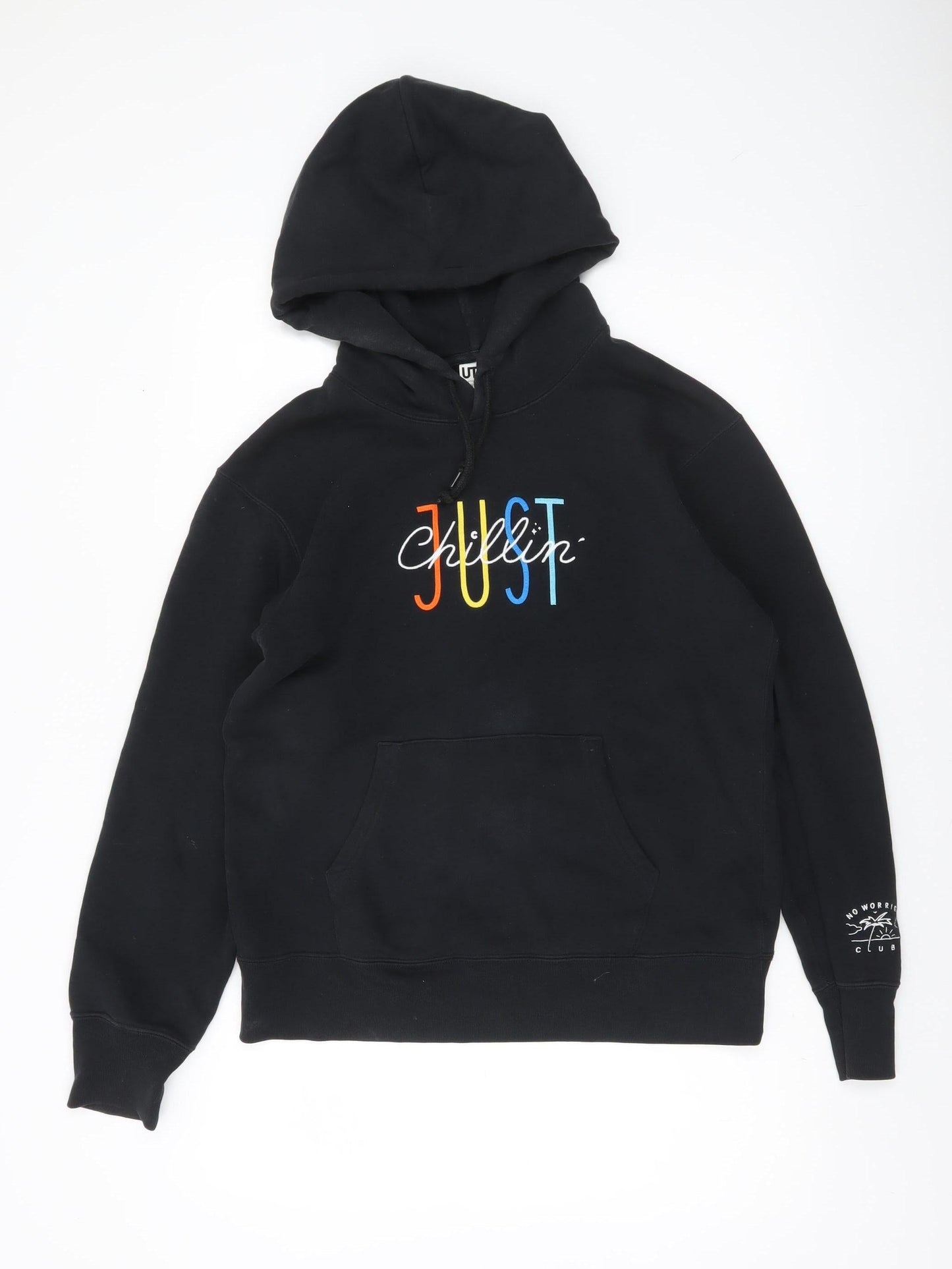 Uniqlo Men Black Graphic JUST Chillin Hoodie Size S Cotton Blend