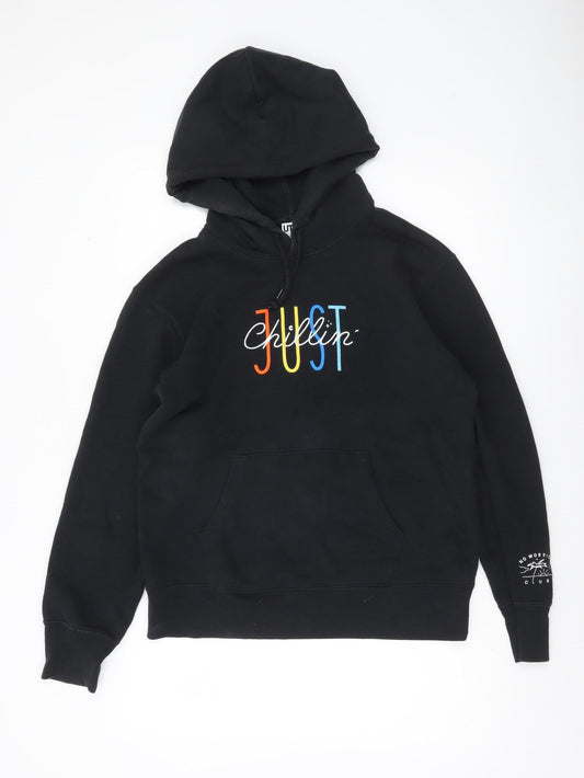 Uniqlo Men Black Graphic JUST Chillin Hoodie Size S Cotton Blend