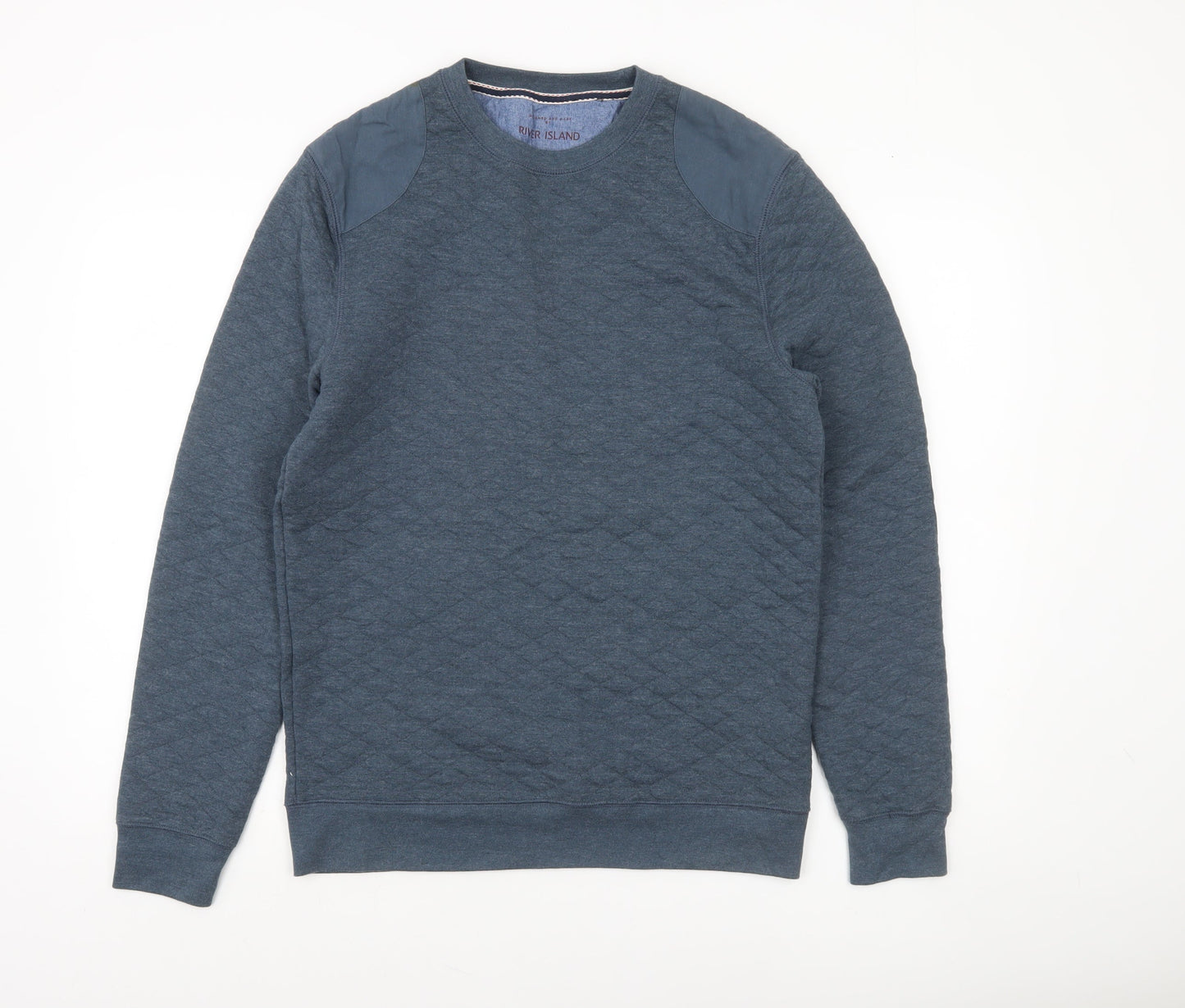 River Island Men's Blue Quilted Crew Neck Pullover Sweatshirt Medium