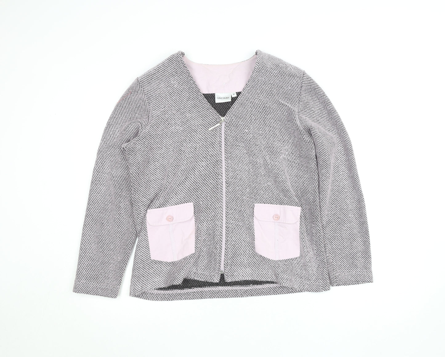 Gina Laura Women Grey Herringbone Zip Jacket with Pink Pockets M