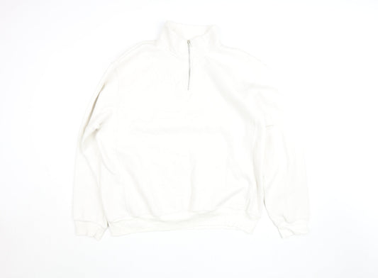 ZARA Women White XL 1/4 Zip Pullover Sweatshirt Fleece Lined