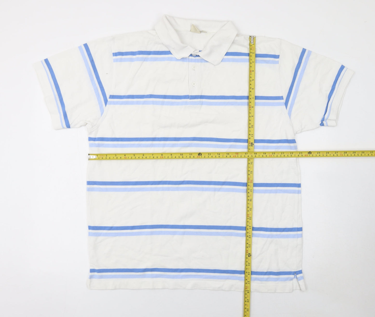 Cotton Traders Men's White Blue Striped Polo Shirt XL Cotton