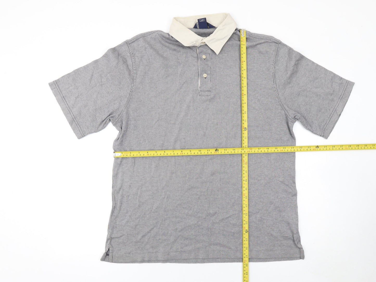 Lands' End Men's Grey Striped Cotton Polo Shirt L