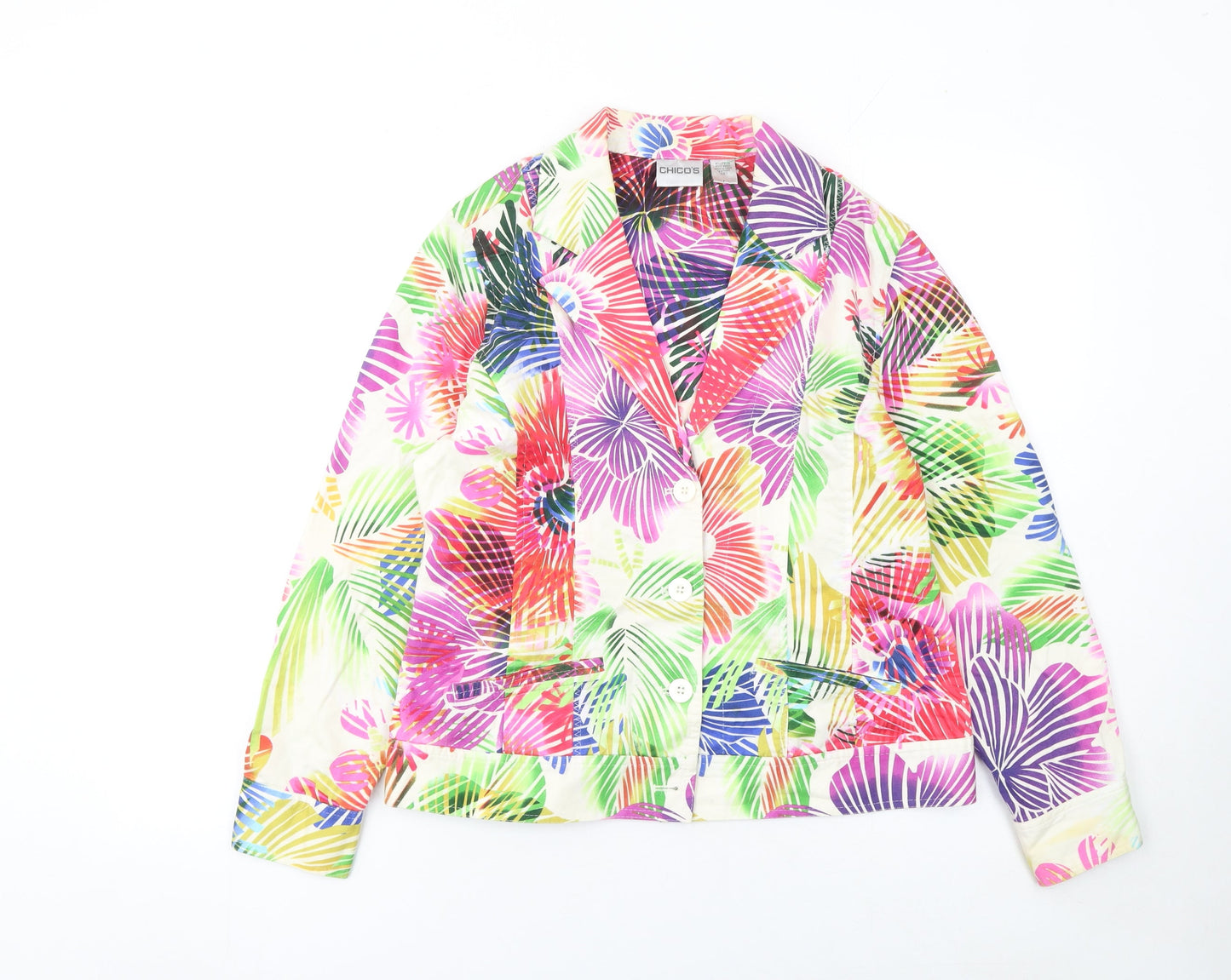 Chico's Women Multicoloured Floral Blazer Jacket Size 12 Cotton Blend