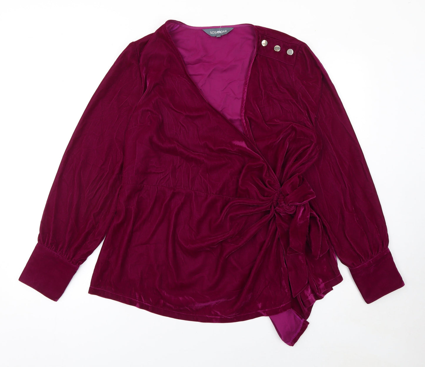 Sosandar Women's Purple Velvet Wrap Blouse Size 14 Long Sleeve
