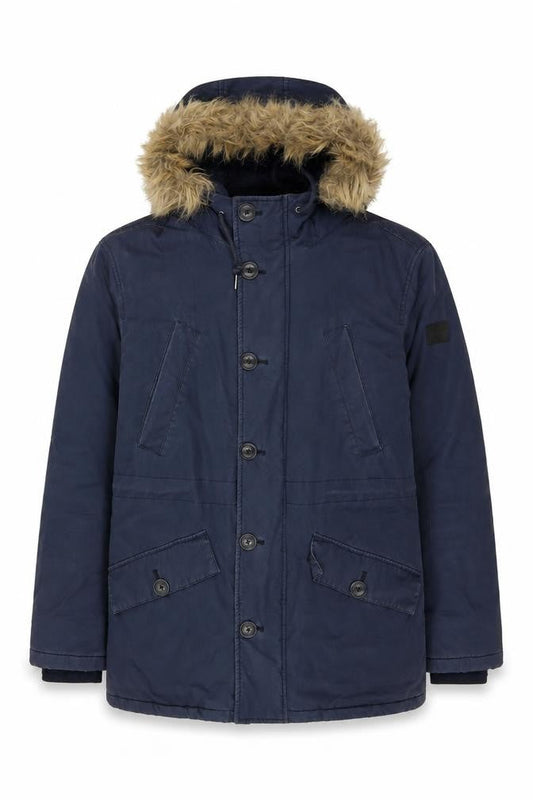 Farah Men's Navy Parka Coat Faux Fur Hood Size S Cotton Shell
