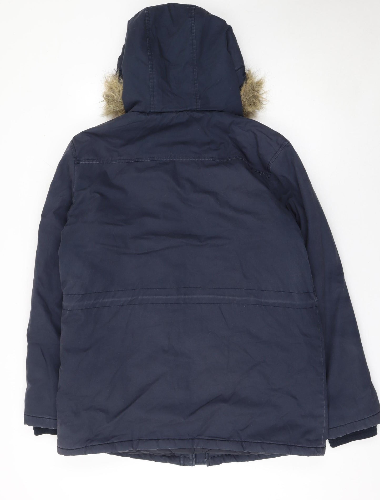 Farah Men's Navy Parka Coat Faux Fur Hood Size S Cotton Shell