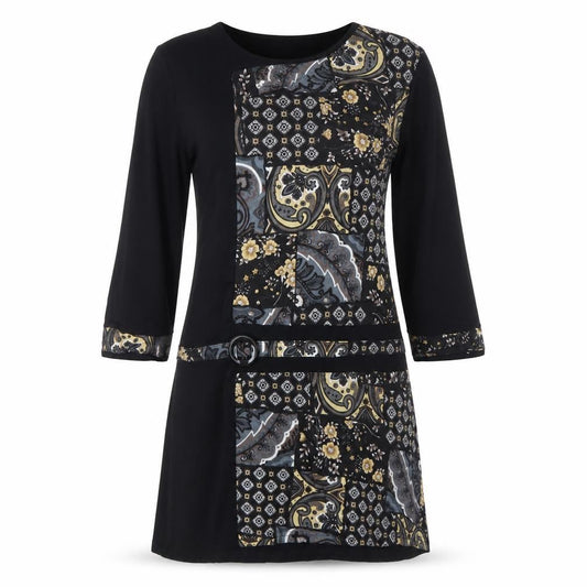Afibel Women’s Black Paisley 3/4 Sleeve Knee Length Shift Dress Size 14