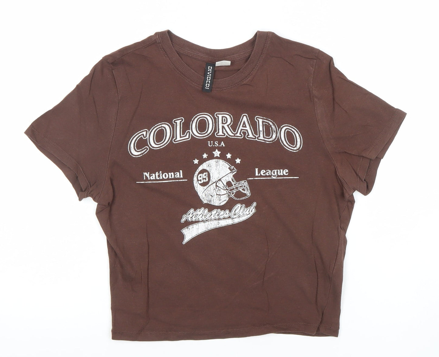 H&M Womens Brown Cropped Cotton T-Shirt Size 8 Sports Print