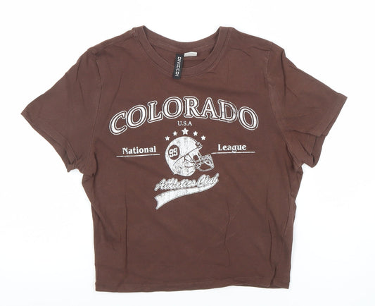H&M Womens Brown Cropped Cotton T-Shirt Size 8 Sports Print