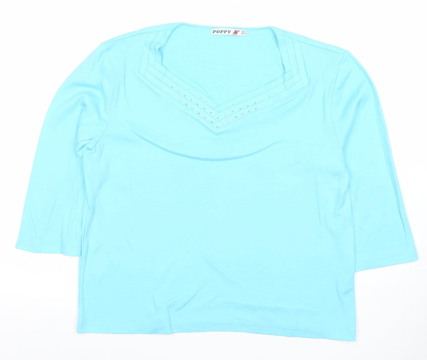 Poppy Womens Blue V-Neck Beaded T-Shirt UK 14 3/4 Sleeve