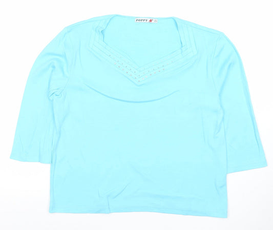 Poppy Womens Blue V-Neck Beaded T-Shirt UK 14 3/4 Sleeve