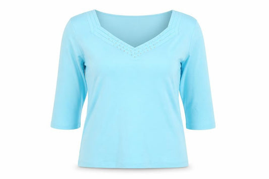 Poppy Womens Blue V-Neck Beaded T-Shirt UK 14 3/4 Sleeve
