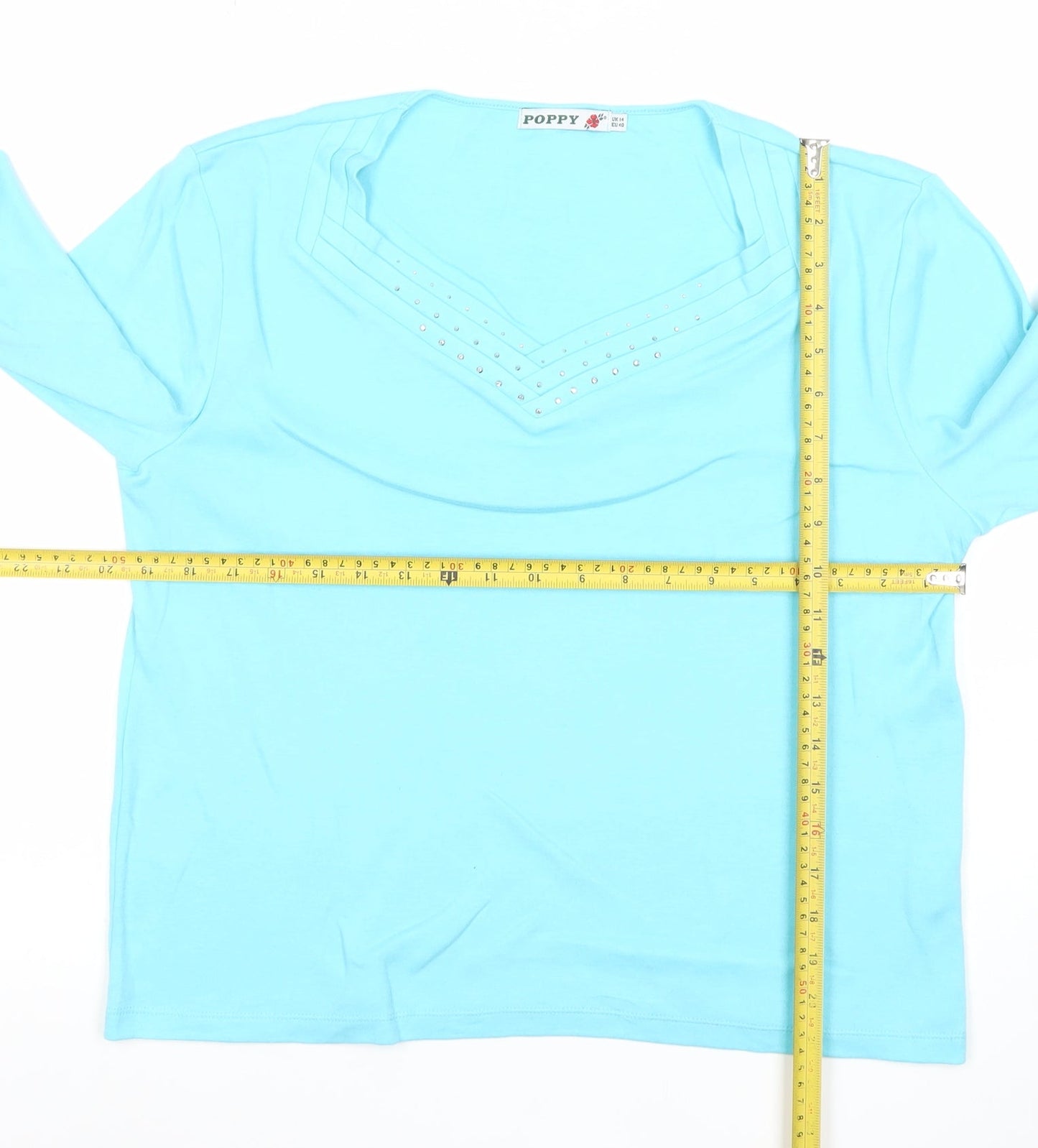 Poppy Womens Blue V-Neck Beaded T-Shirt UK 14 3/4 Sleeve