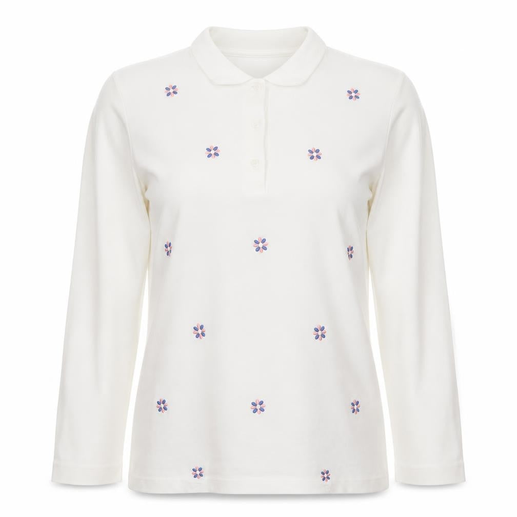 Cotswold Collections Women’s Ivory Embroidered Cotton Long Sleeve Polo L